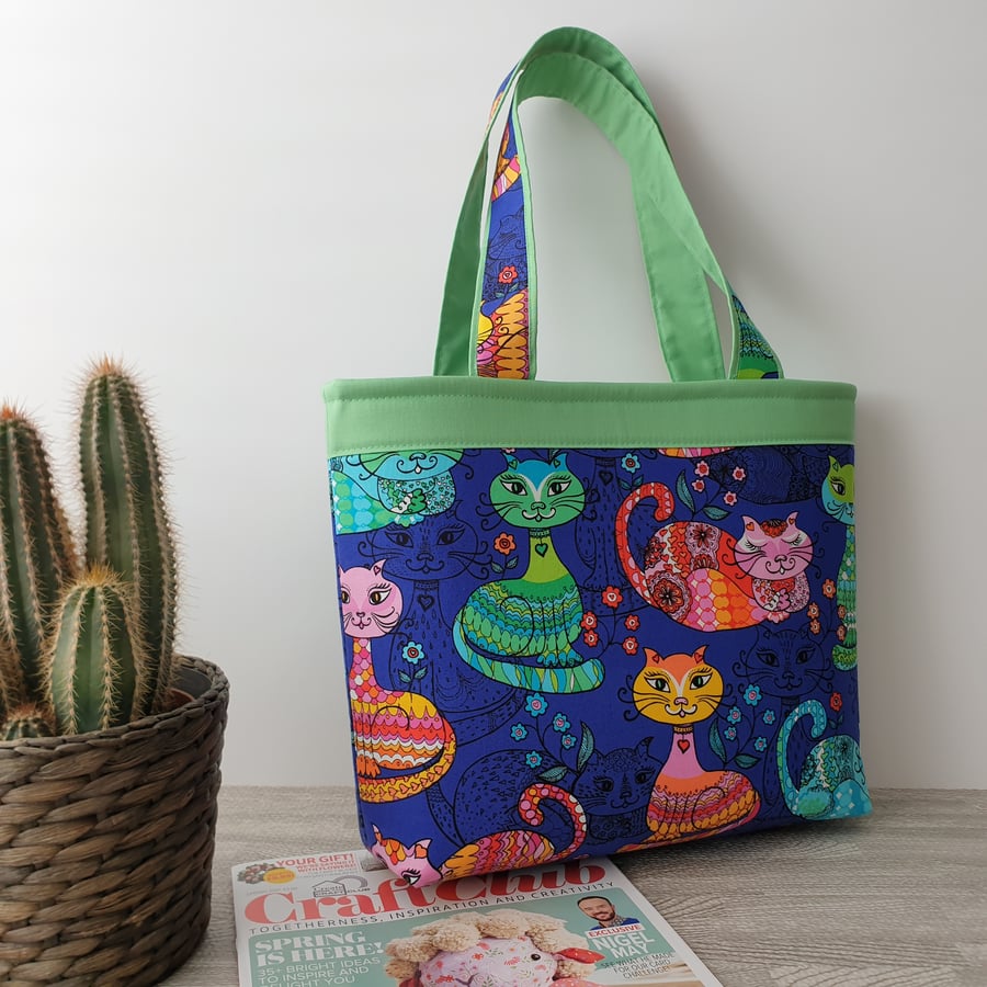 Handbag, Tote Bag, Blue Green Cat Print, Lined Fabric Tote Bag