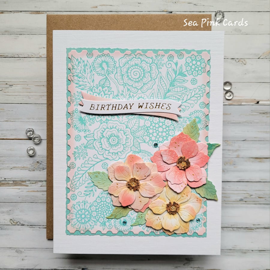 Roses Birthday Card - handcrafted, textured, dimensional roses, 3D