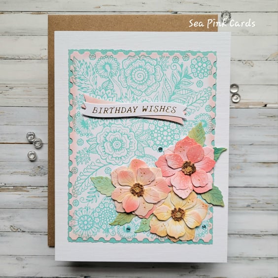 Roses Birthday Card - handcrafted, textured, dimensional roses, 3D