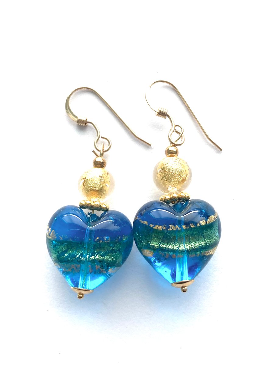 Murano Glass earrings with turquoise blue and gold hearts and gold fill wires.