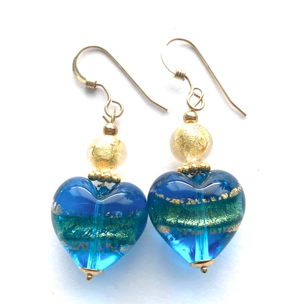 Murano Glass earrings with turquoise blue and gold hearts and gold fill wires.