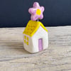 Teeny Ceramic Purple Flower House with Yellow Roof