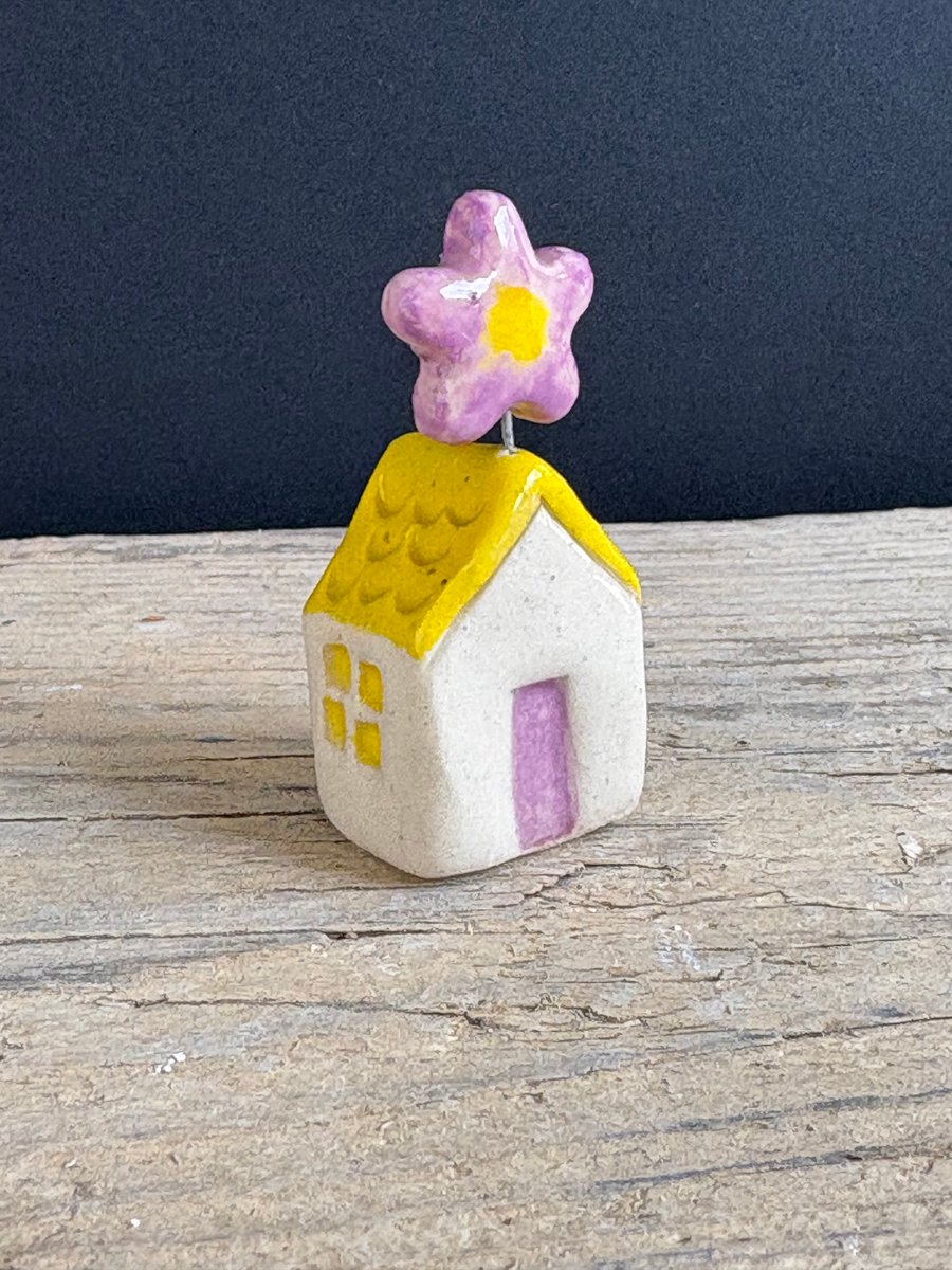 Teeny Ceramic Purple Flower House with Yellow Roof