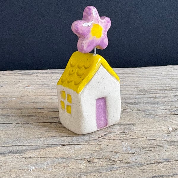 Teeny Ceramic Purple Flower House with Yellow Roof