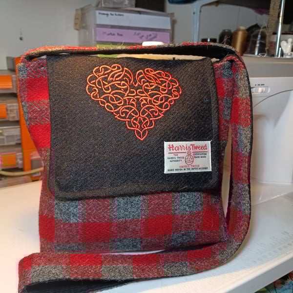 Harris tweed cross body bag with embroidered Celtic heart