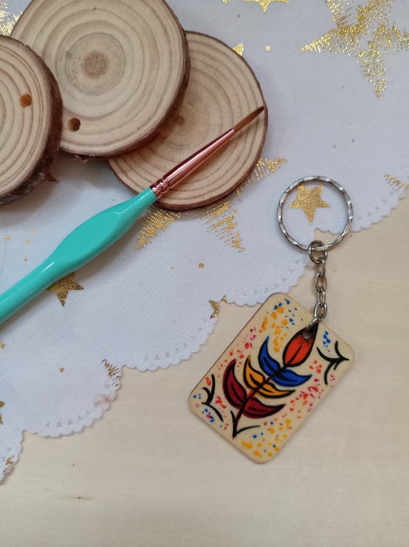 Wooden rectangular rainbow leaf keyring 
