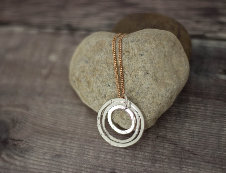 Ecosilver Triple Hoops Pendant,Sparkly Textured Recycled Silver, Rose Gold Chain