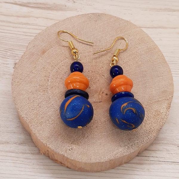 Orange and royal blue polymer clay earrings 