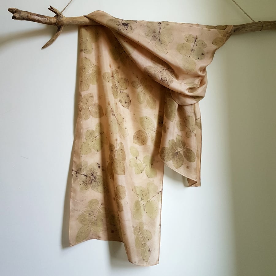 Rose Leaf Ecoprint Naturally Dyed Pure Silk Scarf