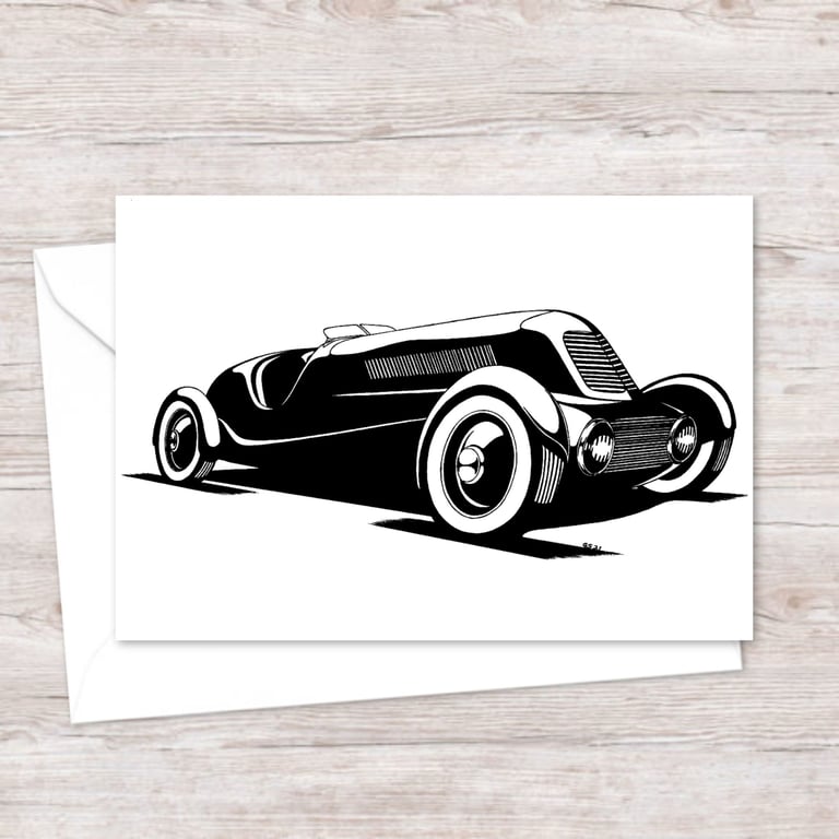 Vintage American Car Greetings Card: Detailed Pen and Ink Illustration (414)