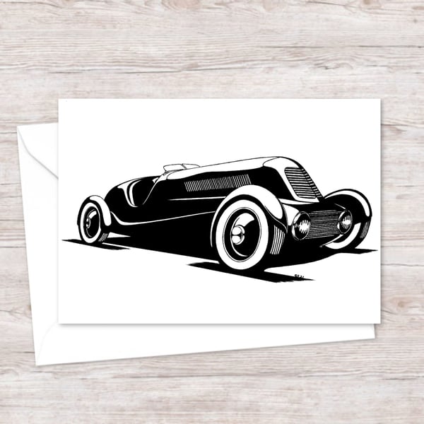 Vintage American Car Greetings Card: Detailed Pen and Ink Illustration (414)