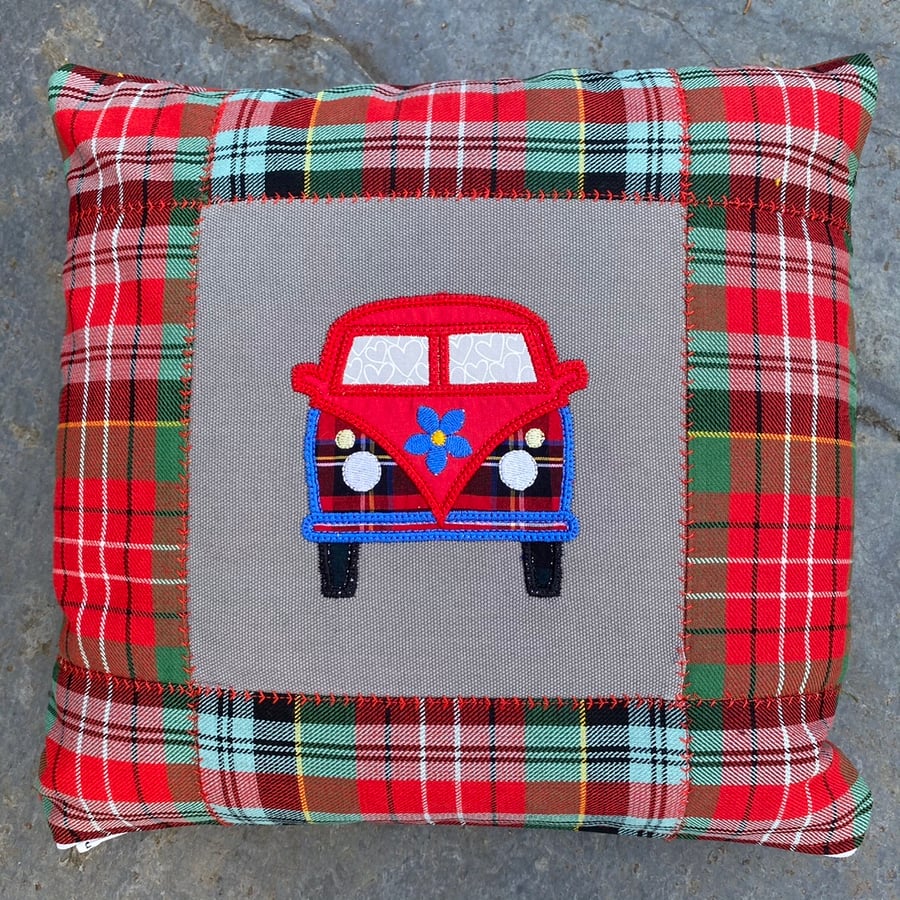 Hippy Tartan Camper Van Cushion with feather cushion pad