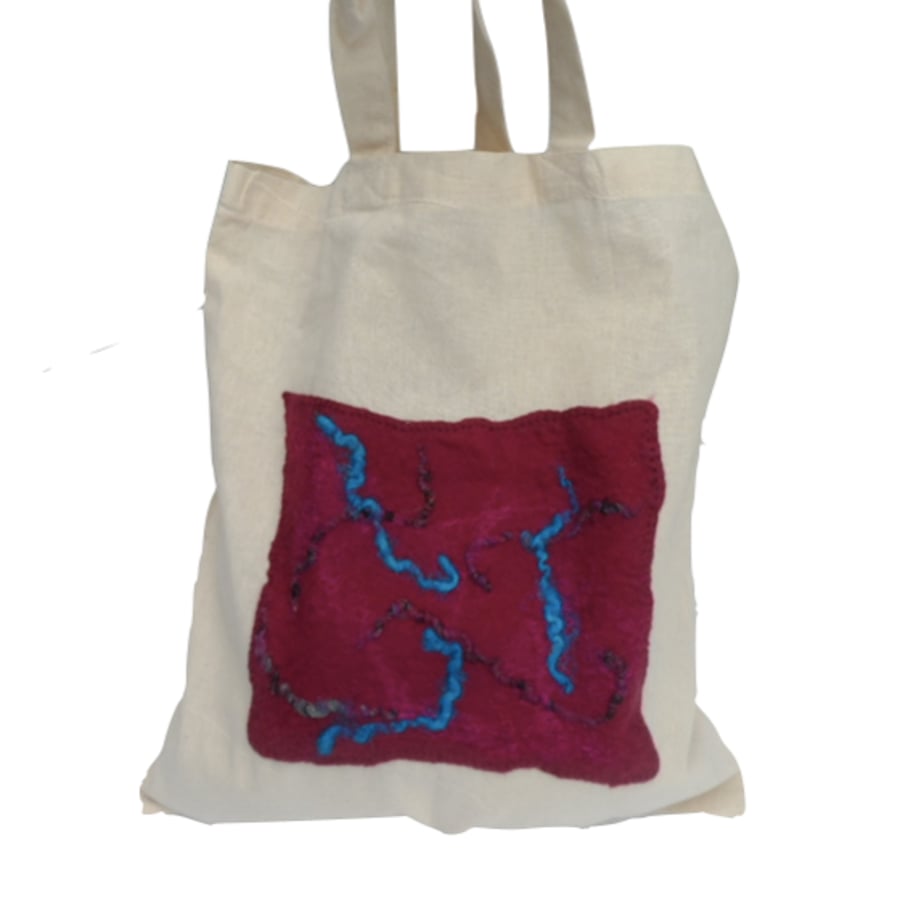 Cotton Tote Bag with red and blue hand felted panel - SALE