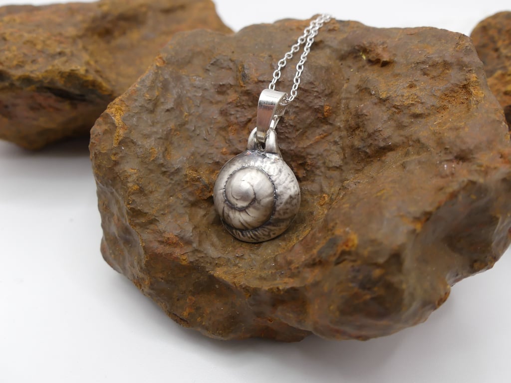 Recycled Sterling Silver Real Empty Snail Shell Mould Pendant Necklace.