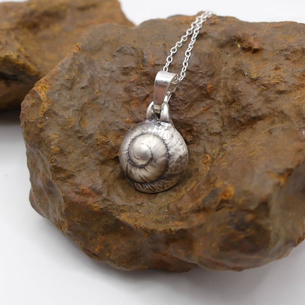 Recycled Sterling Silver Real Empty Snail Shell Mould Pendant Necklace.