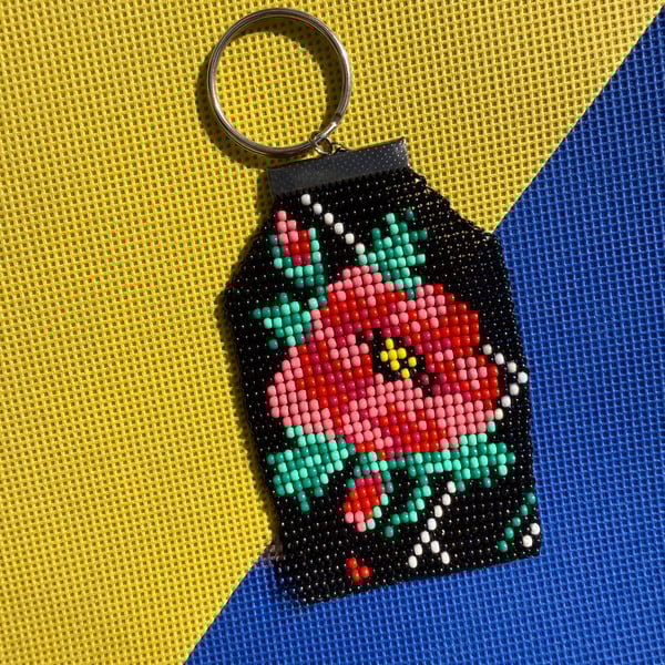 Handmade Beaded Bag charm or keyring with poppy – Traditional Ukrainian style