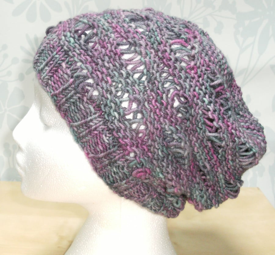 Handknit LADIES SLOUCH BEANIE hand dyed merino Pink Teal Lavender SMALL