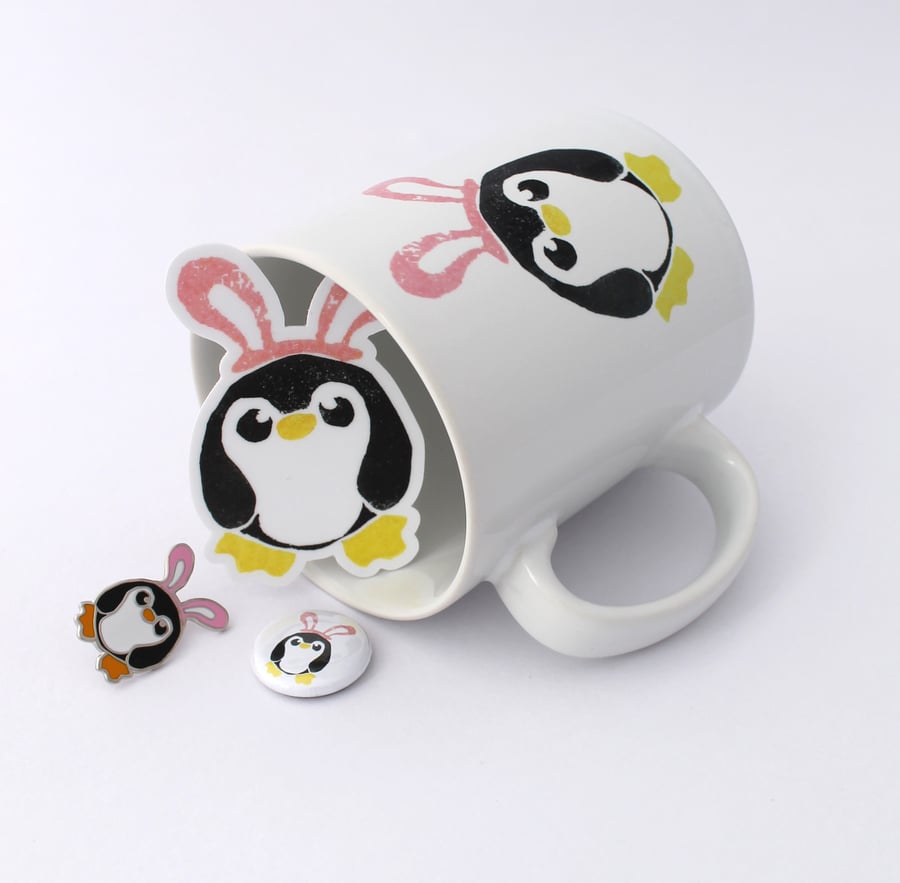 Pengbunny Penguin Ceramic Mug, Pin Badge and Sticker Gift set