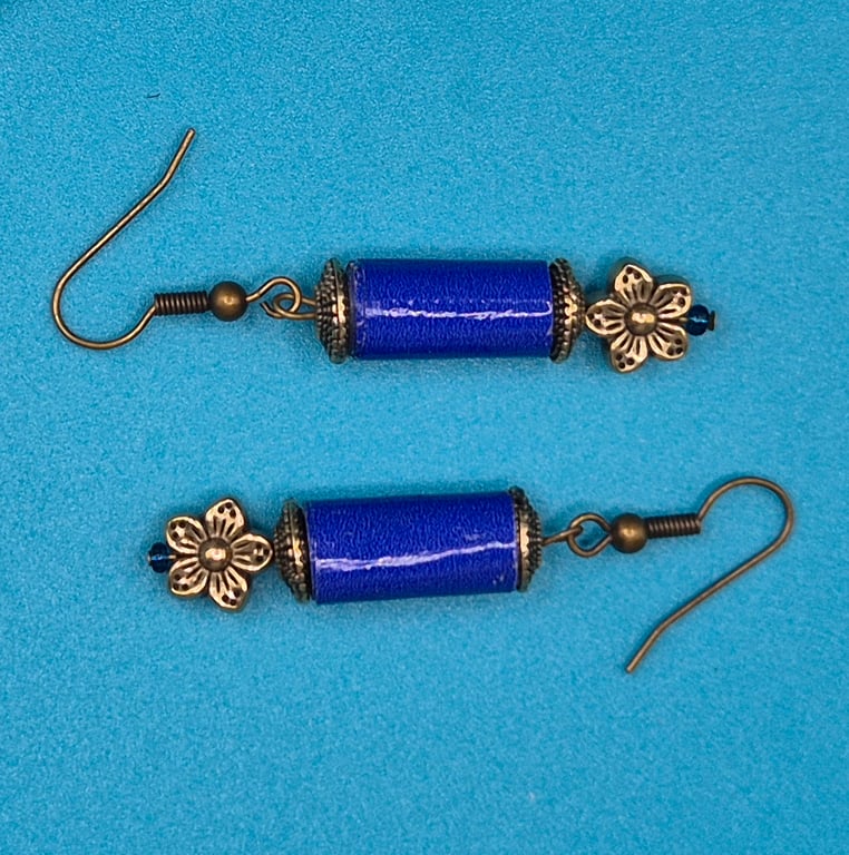 Midnight blue handmade paper beaded earrings with bronze tone flower bead
