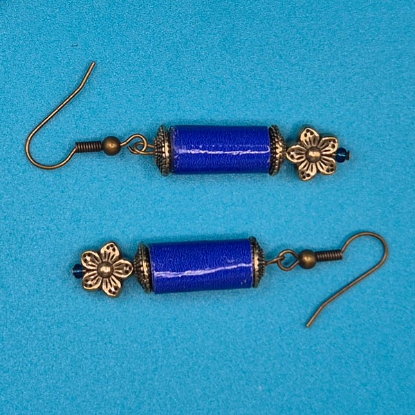 Midnight blue handmade paper beaded earrings with bronze tone flower bead