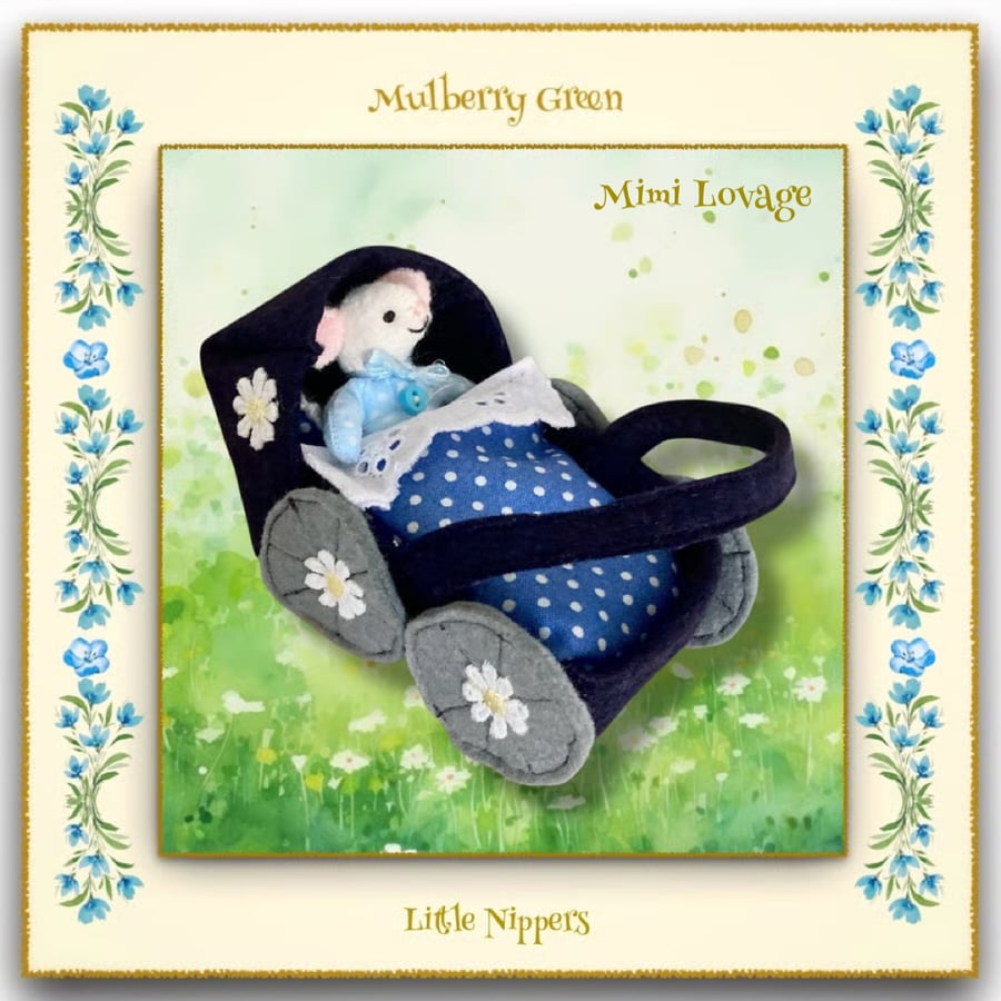 Mimi Lovage - A Baby Pip Squeak in a Navy Felt Pram 