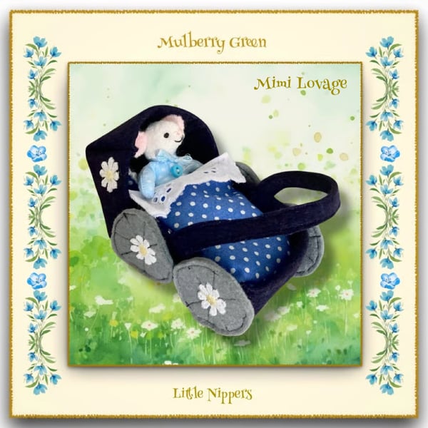 Mimi Lovage - A Baby Pip Squeak in a Navy Felt Pram 