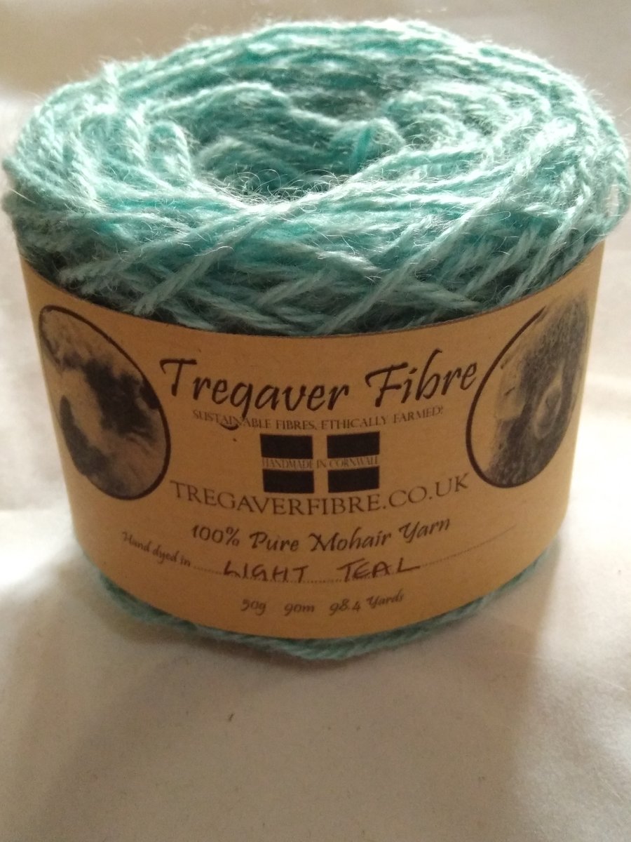 Pure Mohair Yarn from our own angora goats, hand dyed in light teal tones