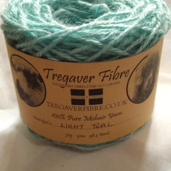 Pure Mohair Yarn from our own angora goats, hand dyed in light teal tones