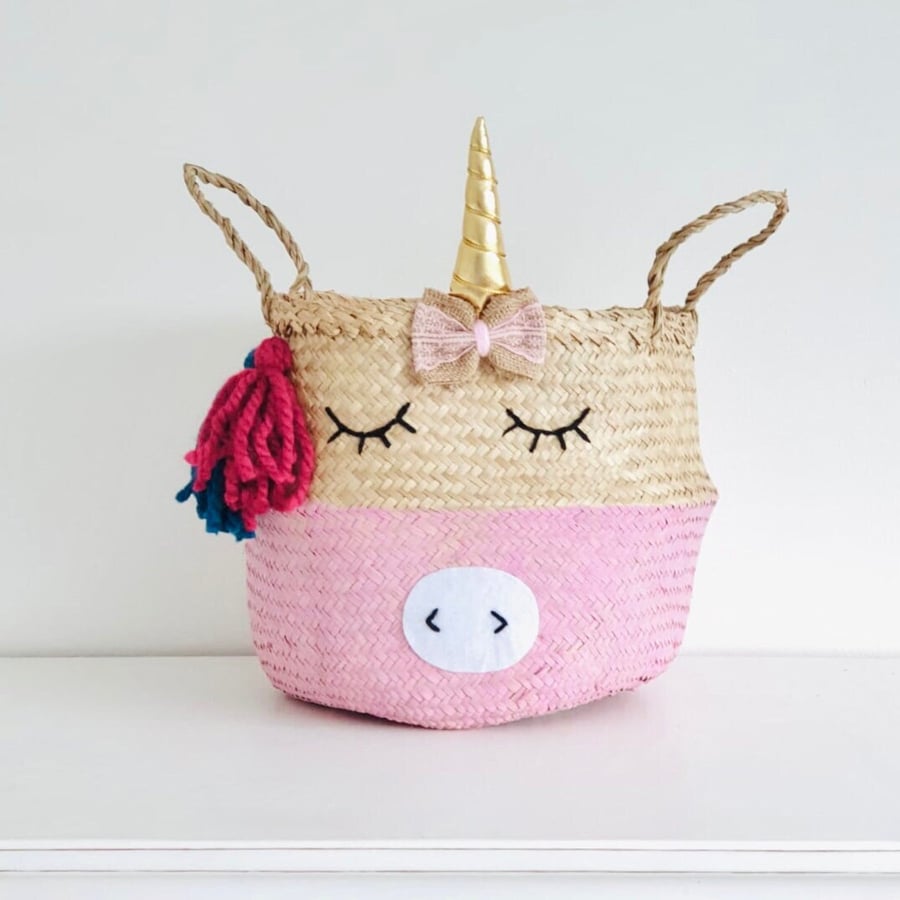 Unicorn kids storage bin belly basket with hand embroidered eyelashes