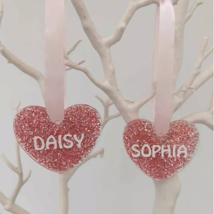 Personalised Glitter Hanging Acrylic Heart Tree Decor, Acrylic Heart Gift Tag