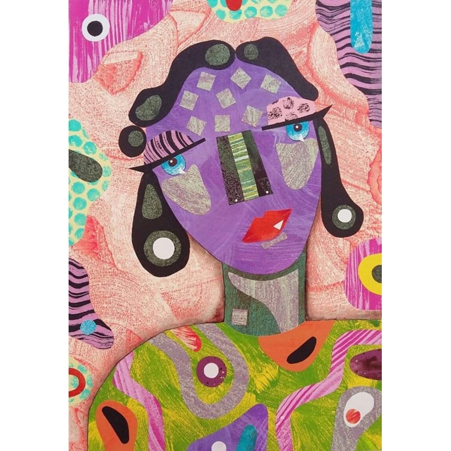 Original Collage Painting Female Portrait Purple Face Girl Colourful Quirky Art
