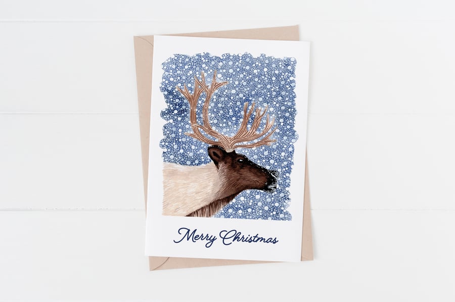 Merry Christmas reindeer stag illustrated greetings card