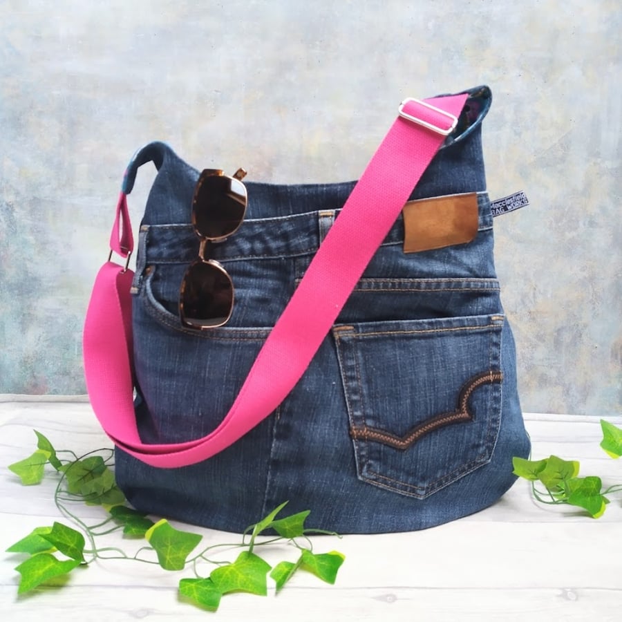 Upcycled Denim Jeans Hobo Bag with Flower Print Lining