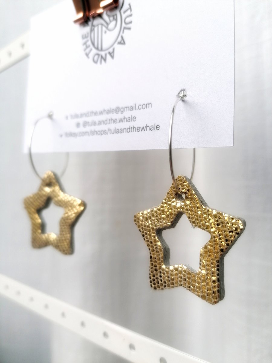 Star Hoop Leather Earrings - Gold Shimmer & Silver