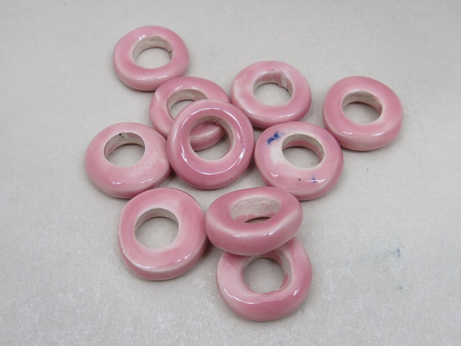 10 Medium Shell Pink Glazed Ceramic Donut Beads