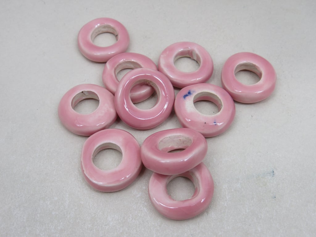 10 Medium Shell Pink Glazed Ceramic Donut Beads