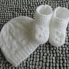 White Baby Bootees and Beanie set 0-3months