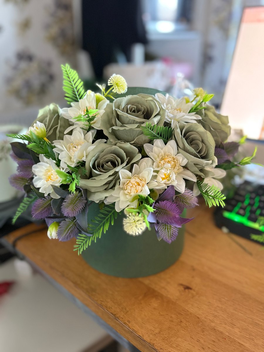 Meadow Soft Green Artificial Rose & Wildflower Arrangement in Green hat box 