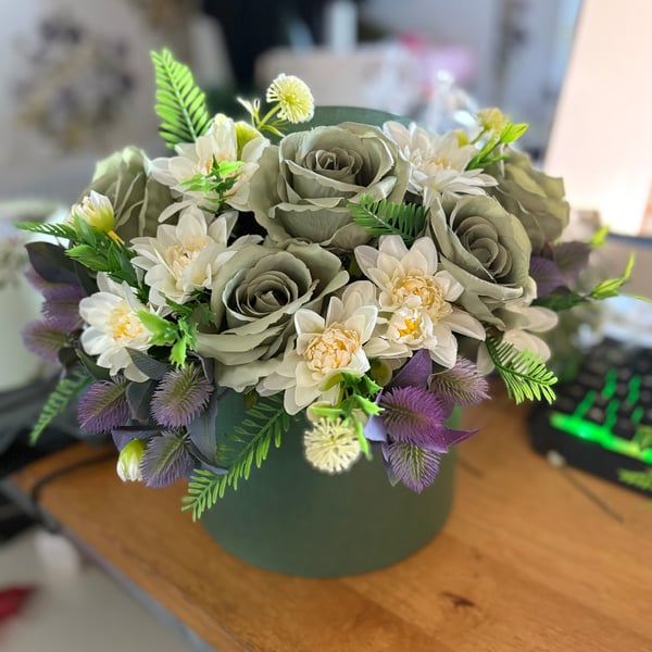 Meadow Soft Green Artificial Rose & Wildflower Arrangement in Green hat box 
