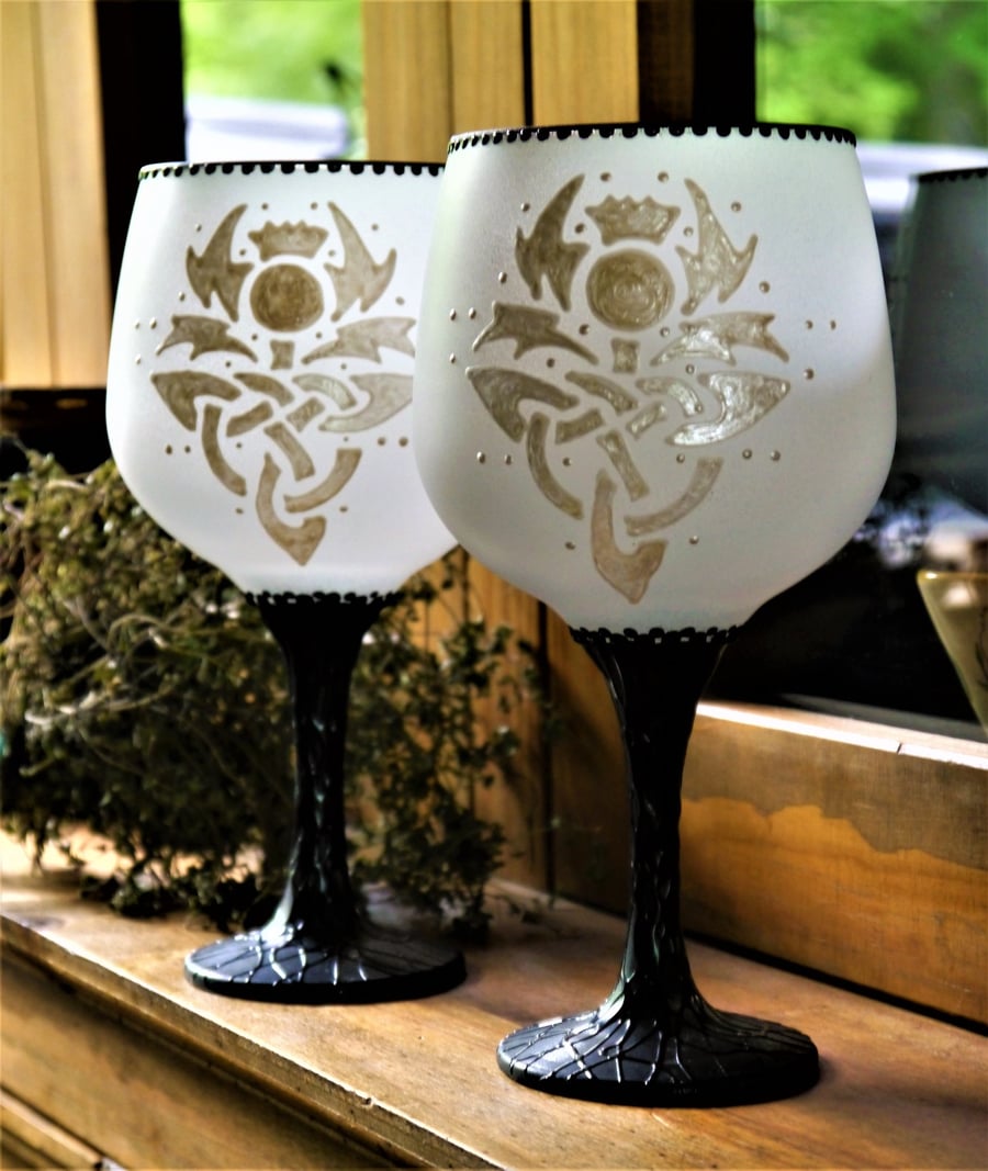 Pair of Hand-painted Scottish Celtic Thistle Goblets