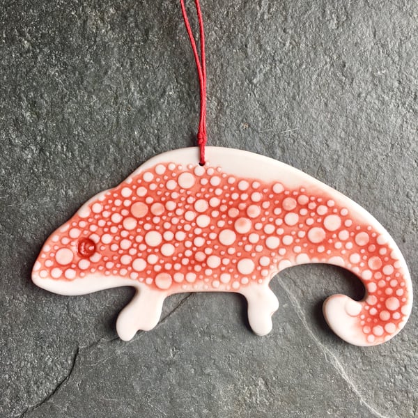 Porcelain chameleon Christmas decoration red white The Porcelain Menagerie