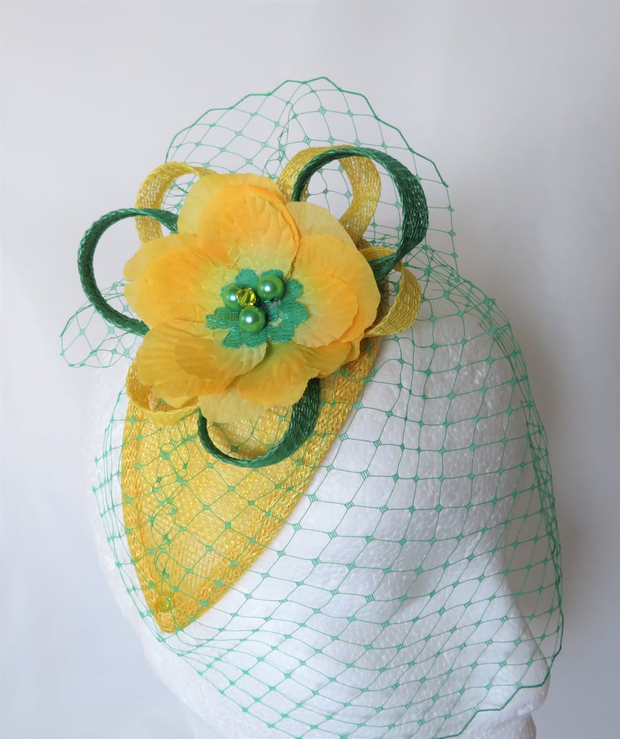 Daffodil Yellow & Emerald Green Retro Style Fascinator Hat