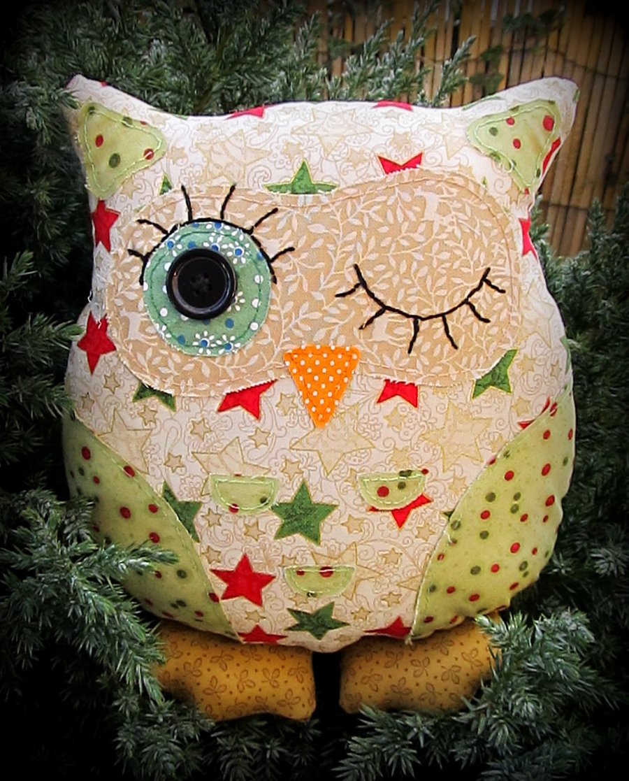 Festive owl cushion, 23cm tall.
