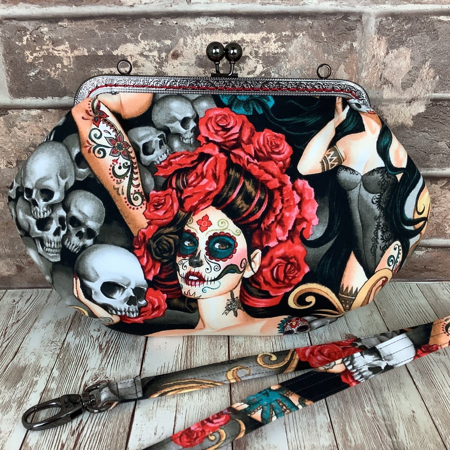 Day of the Dead gothic medium fabric frame clutch handbag Kiss clasp bag purse