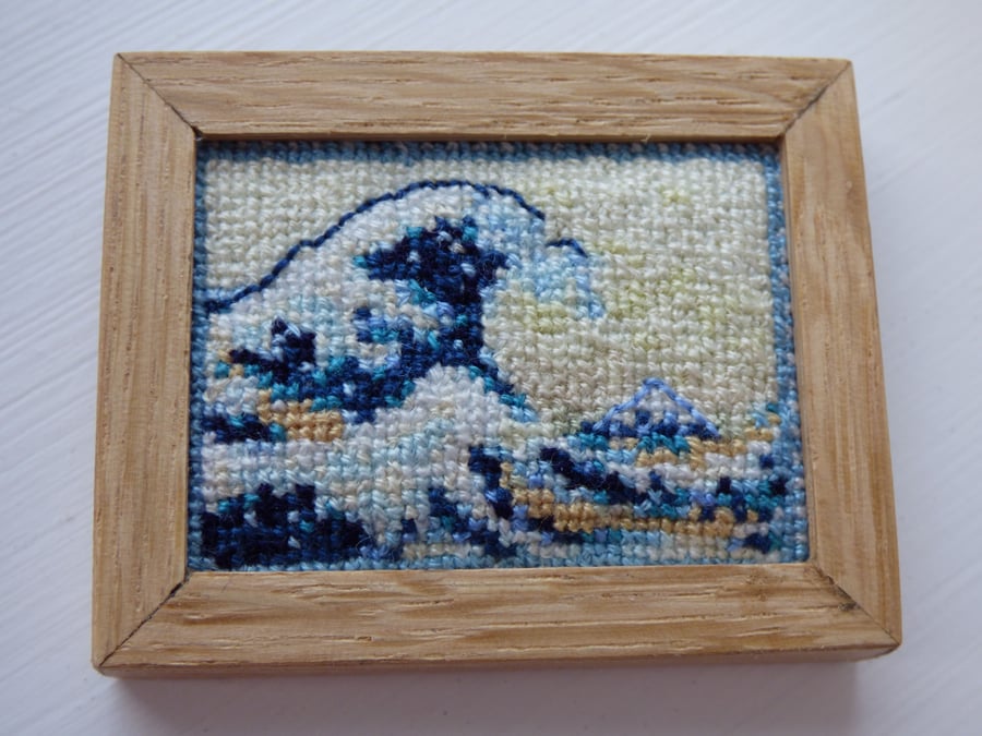 Miniature cross-stitch of 'The Great Wave', by Hokusai
