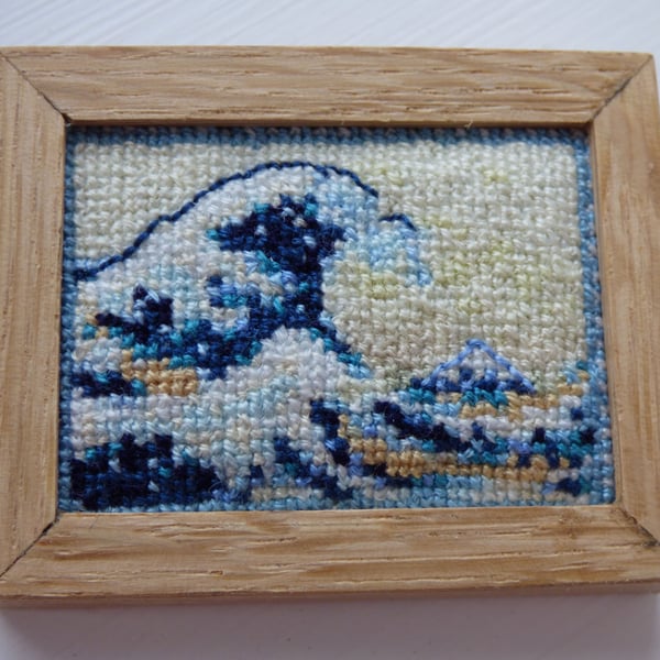 Miniature cross-stitch of 'The Great Wave', by Hokusai