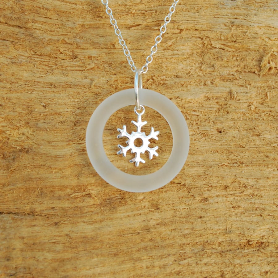 Beach glass ring pendant with snowflake charm