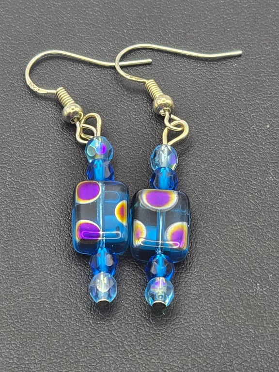 Light blue rectangular peacock earrings 