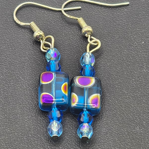 Light blue rectangular peacock earrings 