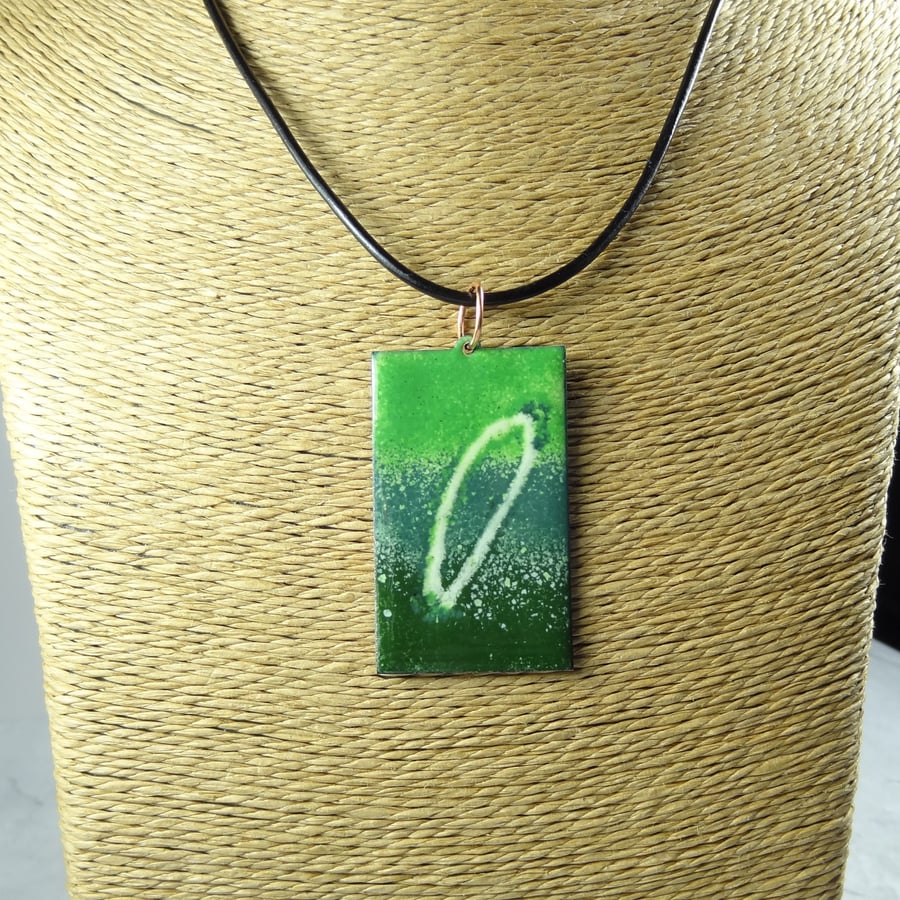 Green glass enamelled copper rectangular pendant, leather cord, 47x29mm (0117)